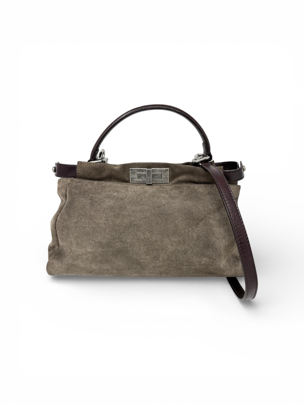 Fendi Peekaboo Top Handle Bag Dove Grey Suede Medium Silver Hardware - Picture 3 of 16